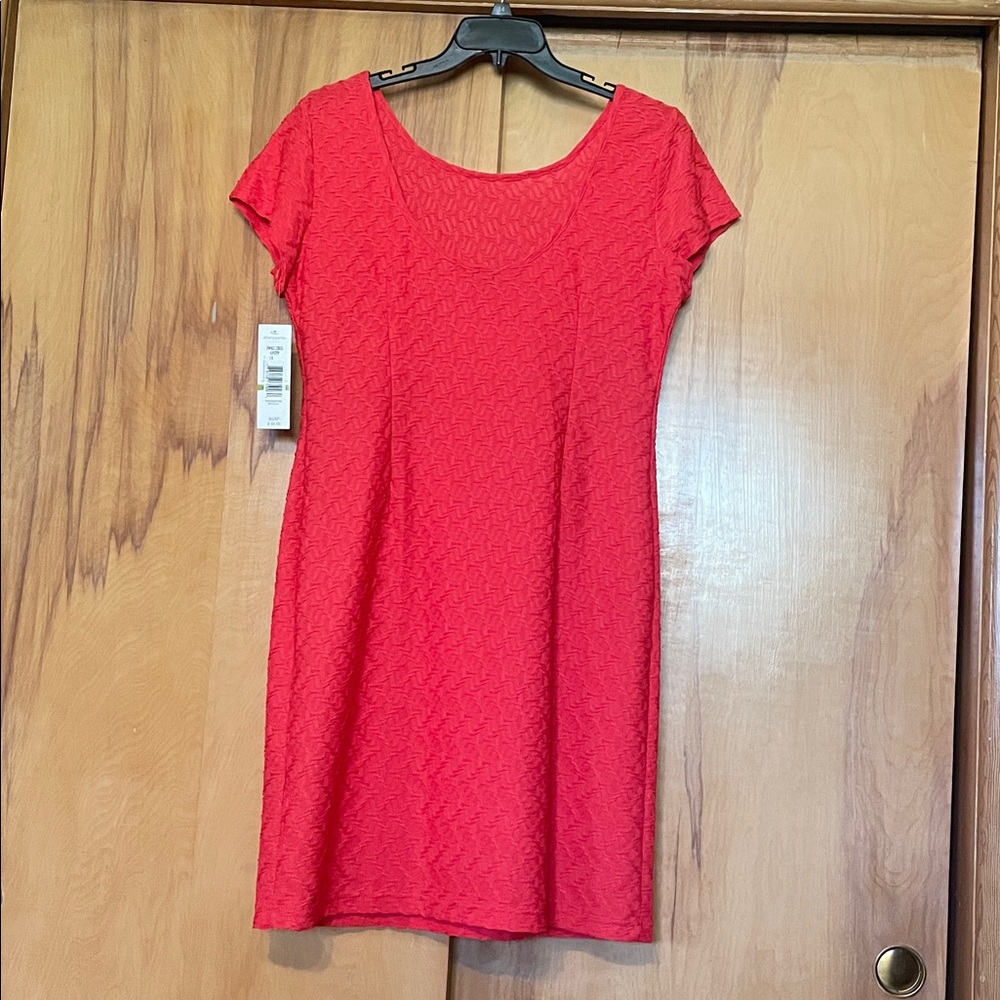 NWT Sharagano Poppy Red Textured Scoop Neck Pull On Dress SIZE 14